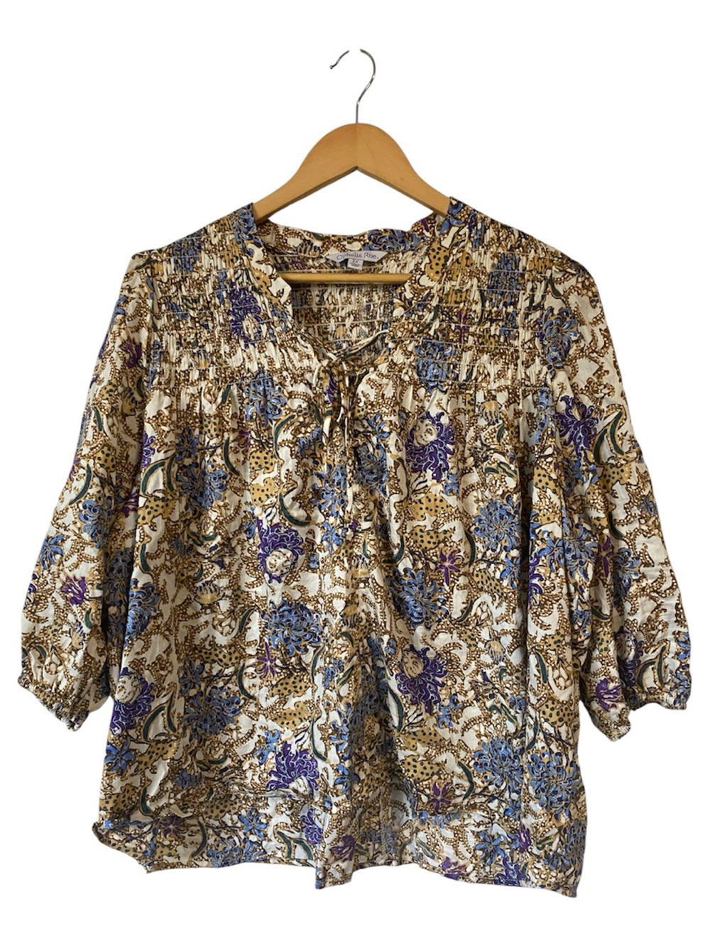 Ophelia Roe Floral Boho Smocked Blouse Top Cream Gold Purple Short Sleeve 2X